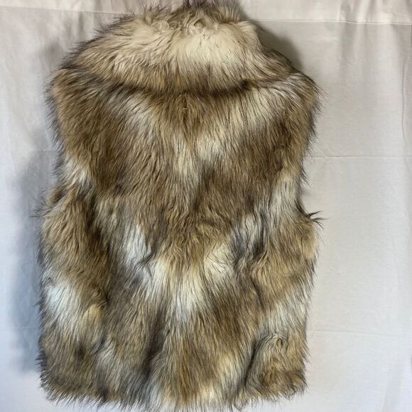 Pamela McCoy Brown/Tan/Cream Faux Fur Front Zip Side Slit Pocket Vest Sz M - Picture 2 of 8